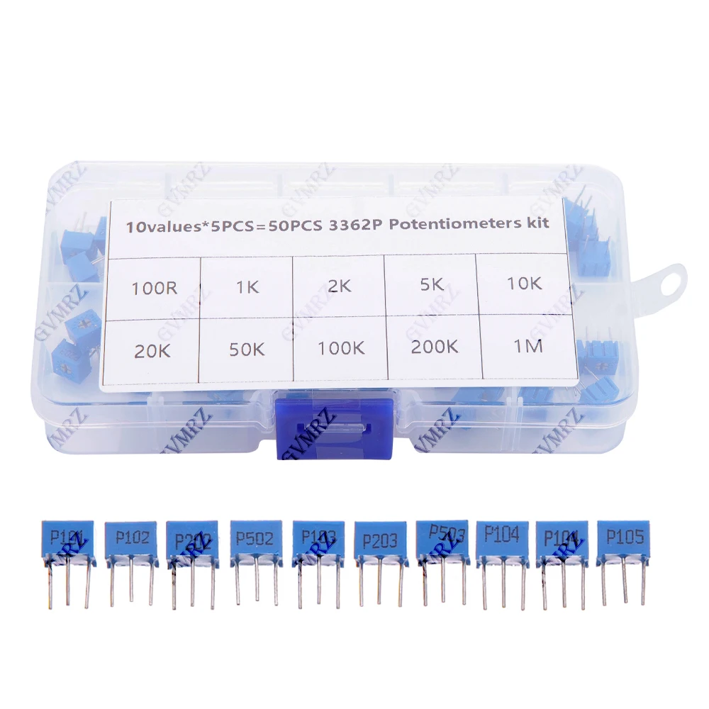 Набор многооборотных триммерных потенциометров 3362P, 50 шт., 1K, 2K, 50K, 5K, 10K, 20K, 100K, 200K, 1M, высокоточный, регулируемый резистор 3362
Набор многооборотных триммерных потенциометров 3362P, 50 шт., 1K, 2K, 50K, 5K, 10K, 20K, 100K, 200K, 1M, высокоточный, регулируемый резистор 3362