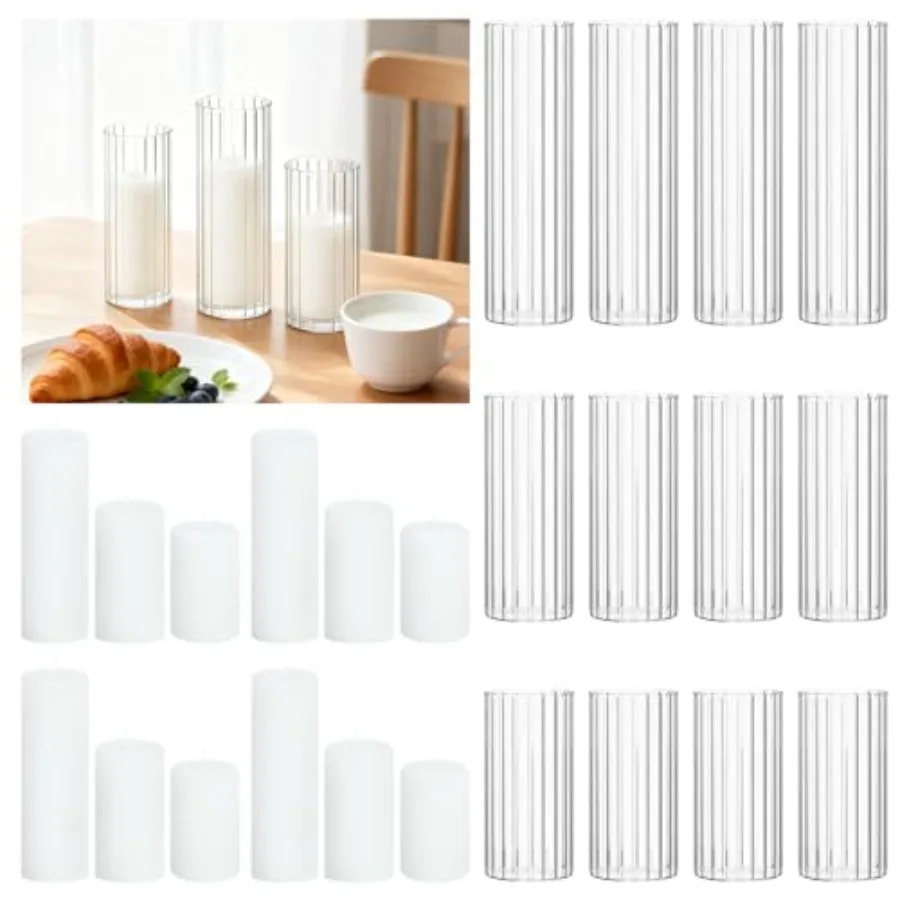 PCS White Pillar Candles 2" x3, 4, with Ribbed Glass Cylinder Vases (2." x5,,8), Hurricane Glass Candle Holders, Dripless Candl
PCS White Pillar Candles 2" x3, 4, with Ribbed Glass Cylinder Vases (2." x5,,8), Hurricane Glass Candle Holders, Dripless Candl
