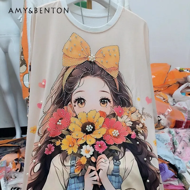 Heavy Industry Beads Diamond Drills Korean Style Cartoon Girl Cool Crew Neck T-Shirt Sweet Loose Short Sleeved Top Summer Tees
Heavy Industry Beads Diamond Drills Korean Style Cartoon Girl Cool Crew Neck T-Shirt Sweet Loose Short Sleeved Top Summer Tees