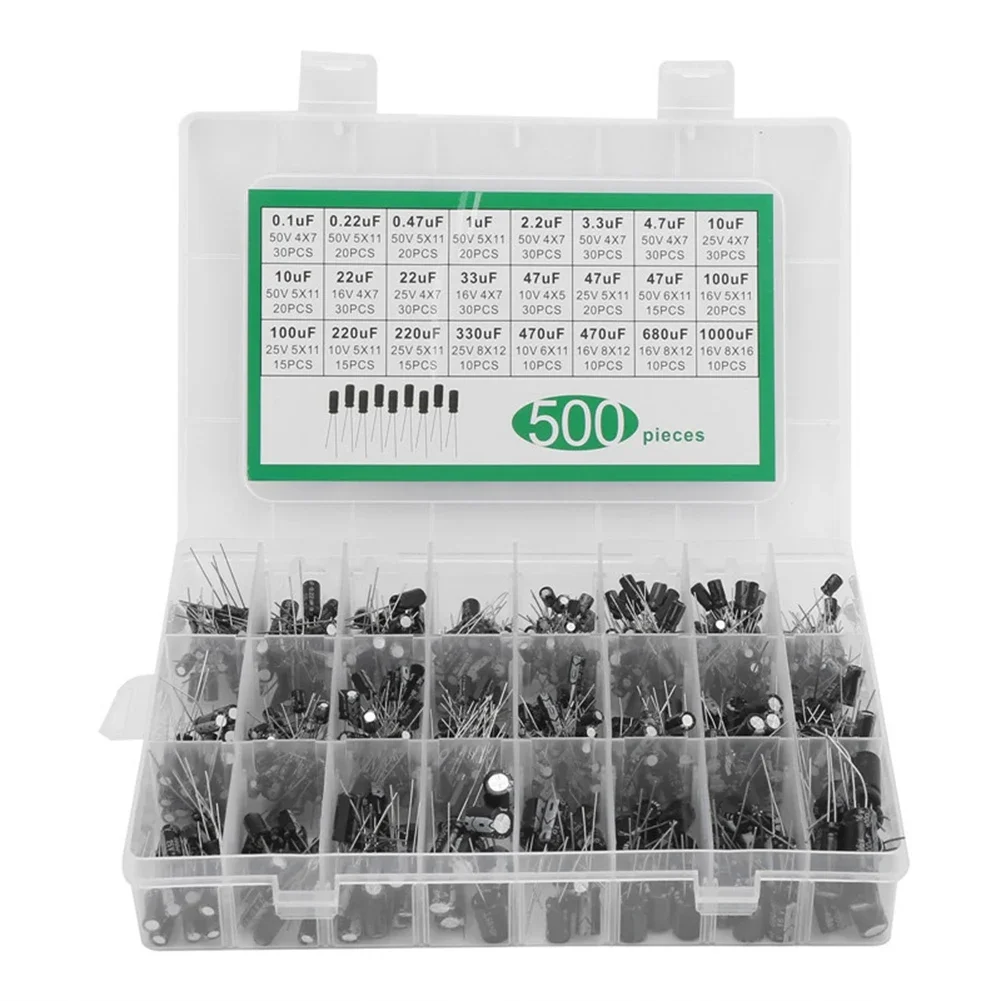 500Pcs 24Values 16-50V 0.1-1000uF Electrolytic Capacitor Assortment Kit Metal Electrolytic Capacitors Low Voltage Capacitor Kit
500Pcs 24Values 16-50V 0.1-1000uF Electrolytic Capacitor Assortment Kit Metal Electrolytic Capacitors Low Voltage Capacitor Kit