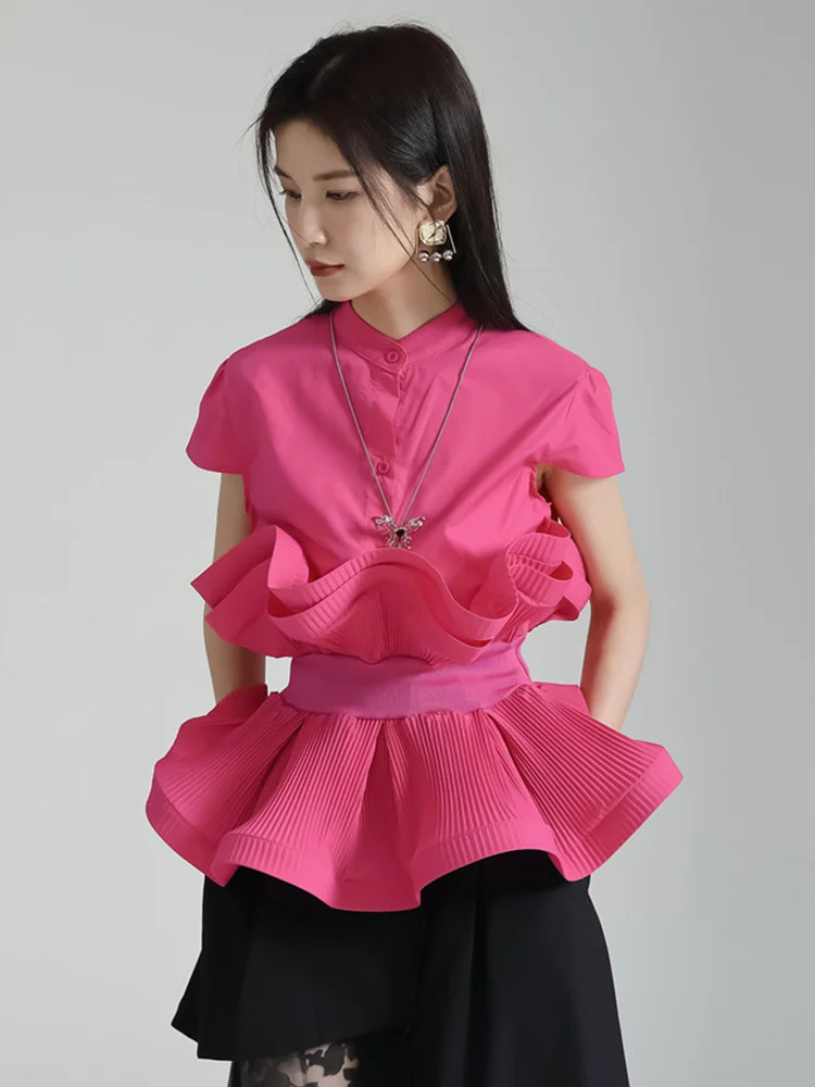 Women Rose Red Pleated Elegant Blouse New Stand Collar Short Sleeve Loose Fit Shirt Fashion Spring Summer 2023 M932
Women Rose Red Pleated Elegant Blouse New Stand Collar Short Sleeve Loose Fit Shirt Fashion Spring Summer 2023 M932