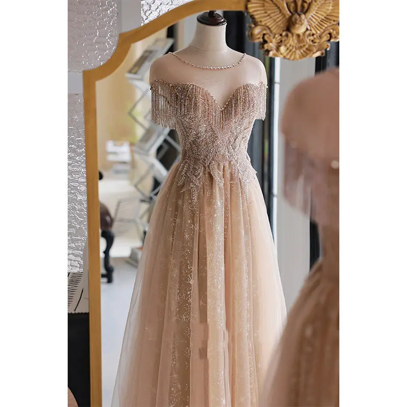 Champagne Sequins Prom Dresses Luxury Crystal Beading A Line Custom Made Sheer Neck Party Evening Dress Formal Cocktail Gown
Champagne Sequins Prom Dresses Luxury Crystal Beading A Line Custom Made Sheer Neck Party Evening Dress Formal Cocktail Gown