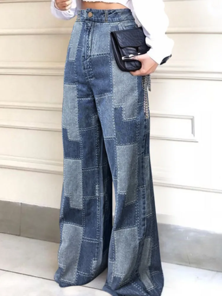 Women's Trendy Wide Leg Jeans Two-Tone Blue Patchwork Plaid High Waist Floor-Length Jeans for Daily Wear Casual Vacation Bottoms
Women's Trendy Wide Leg Jeans Two-Tone Blue Patchwork Plaid High Waist Floor-Length Jeans for Daily Wear Casual Vacation Bottoms