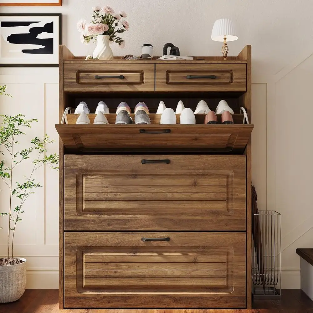 Walnut Shoe Cabinet with 3 Lip Doors and 2 Storage Drawers, Adjustable Organizer for Entryway, Hallway, Living Room
Walnut Shoe Cabinet with 3 Lip Doors and 2 Storage Drawers, Adjustable Organizer for Entryway, Hallway, Living Room