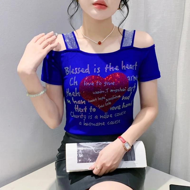 New Ladies Clothes Sweet Red Heart Letter Design T-Shirt Women Sexy Off Shoulder Luxury Shiny Diamonds Mesh Tops Tees Shirts
New Ladies Clothes Sweet Red Heart Letter Design T-Shirt Women Sexy Off Shoulder Luxury Shiny Diamonds Mesh Tops Tees Shirts