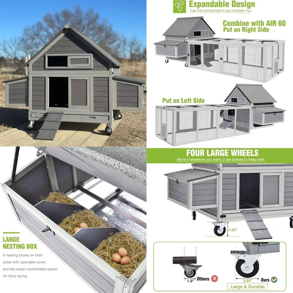 Mobile Wooden Chicken Coop with Weatherproof Design for 6-8 Chickens, Accommodates 6 Nests, Large Capacity 67.3 Liters
Mobile Wooden Chicken Coop with Weatherproof Design for 6-8 Chickens, Accommodates 6 Nests, Large Capacity 67.3 Liters