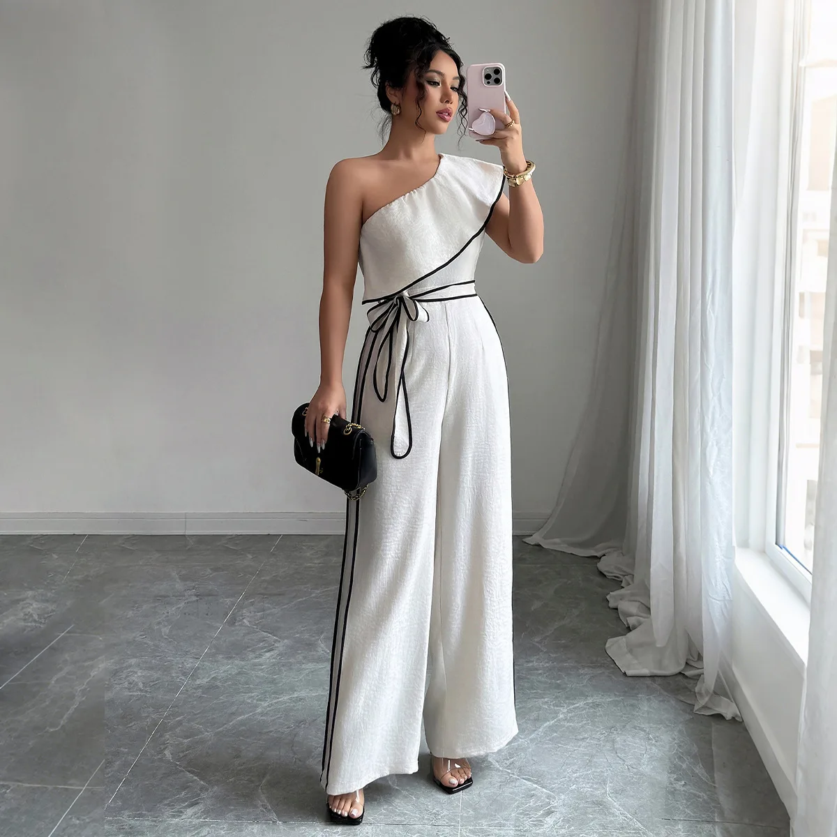 Women Summer Jumpsuit Women's Contrasting Color Sleeveless Slanted Shoulder Lotus Leaf Edge High Waist Lace Up Wide Leg Jumpsuit
Women Summer Jumpsuit Women's Contrasting Color Sleeveless Slanted Shoulder Lotus Leaf Edge High Waist Lace Up Wide Leg Jumpsuit