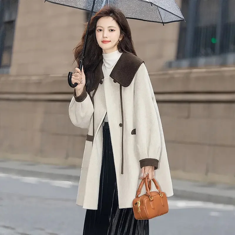 Turn Down Peter Pan Collar Vintage Spliced Woolen Coat Loose Autumn Winter Korean Women Medi Long Jacket Single Breasted Outwear
Turn Down Peter Pan Collar Vintage Spliced Woolen Coat Loose Autumn Winter Korean Women Medi Long Jacket Single Breasted Outwear
