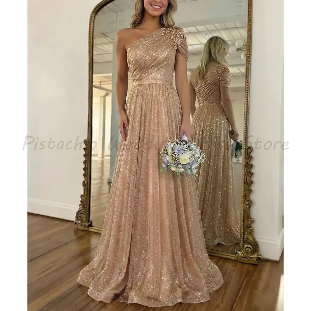 Champagne Gold One-Shoulder Evening Gown with Sequin Shimmer Pleated Bodice A-Line Formal Maxi Dress
Champagne Gold One-Shoulder Evening Gown with Sequin Shimmer Pleated Bodice A-Line Formal Maxi Dress