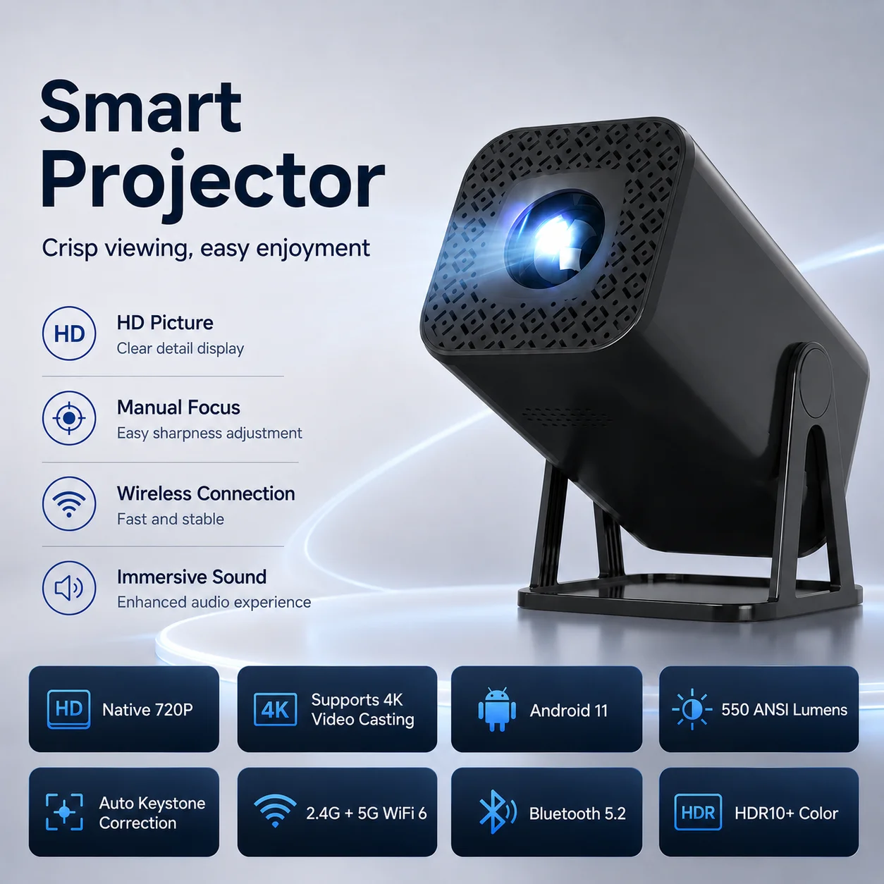 Portable Projector 550ANSI Full HD 1280*720P HDR10+ Support 4K Video Android 11 Wifi6 For Bed Room Home Theater Outdoor Camping
Portable Projector 550ANSI Full HD 1280*720P HDR10+ Support 4K Video Android 11 Wifi6 For Bed Room Home Theater Outdoor Camping