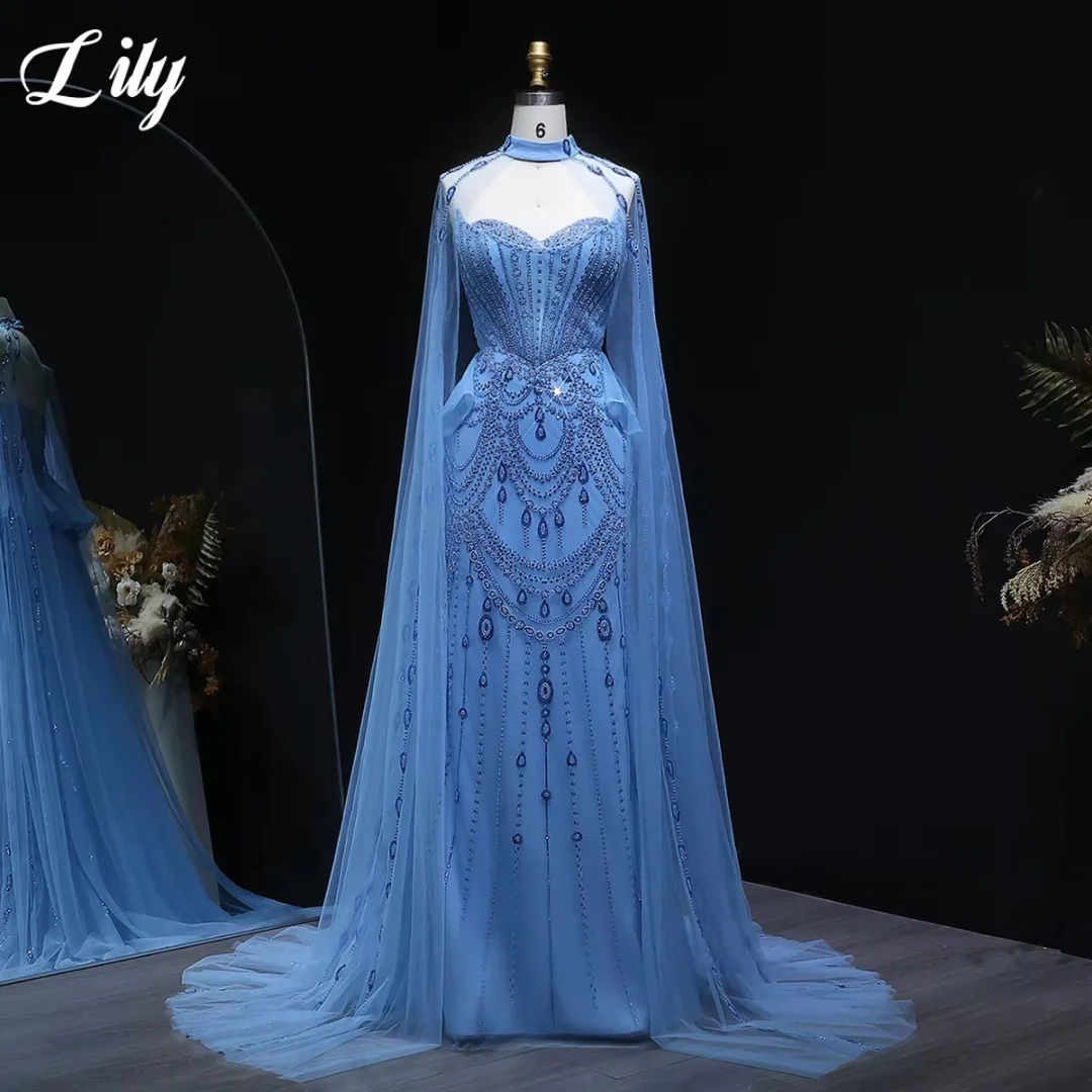 Lily Blue Evening Dress High Neck Formal Party Gown With Sheer Cape Sleeves Handmade Beaded Mermaid Elegant Prom Dress Customizd
Lily Blue Evening Dress High Neck Formal Party Gown With Sheer Cape Sleeves Handmade Beaded Mermaid Elegant Prom Dress Customizd