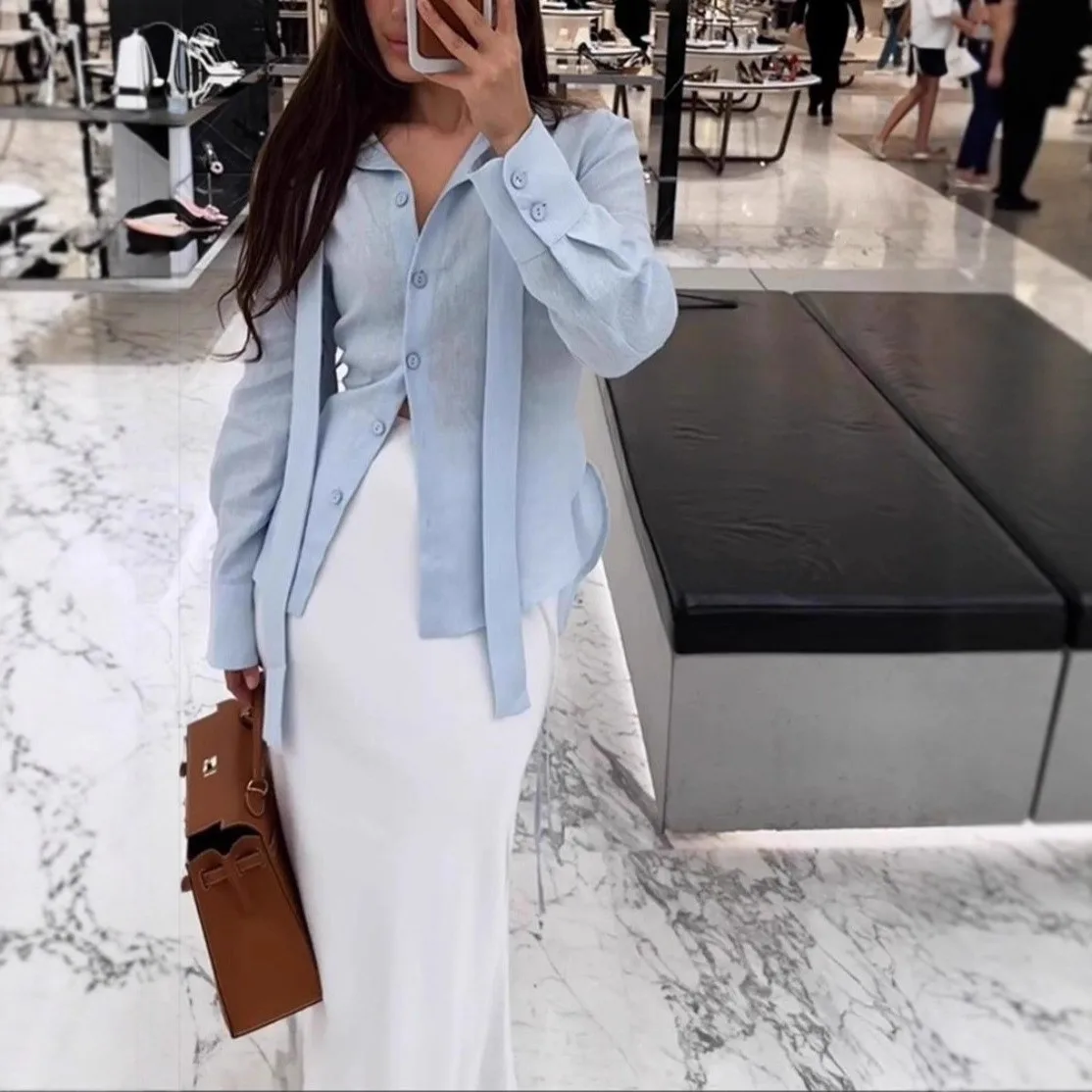 Women Blouse Long Sleeve Cotton Linen Blouses Tie Neck Ruffle Shirt Light Blue Collarless Button Down Shirt Tie Waist Solid
Women Blouse Long Sleeve Cotton Linen Blouses Tie Neck Ruffle Shirt Light Blue Collarless Button Down Shirt Tie Waist Solid