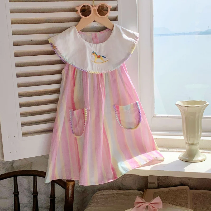 Korean Children's Clothing Rainbow My Little Pony Embroidered Girls' Dress2025Summer Striped Sleeveless Turn-down Collar Baby Pr
Korean Children's Clothing Rainbow My Little Pony Embroidered Girls' Dress2025Summer Striped Sleeveless Turn-down Collar Baby Pr