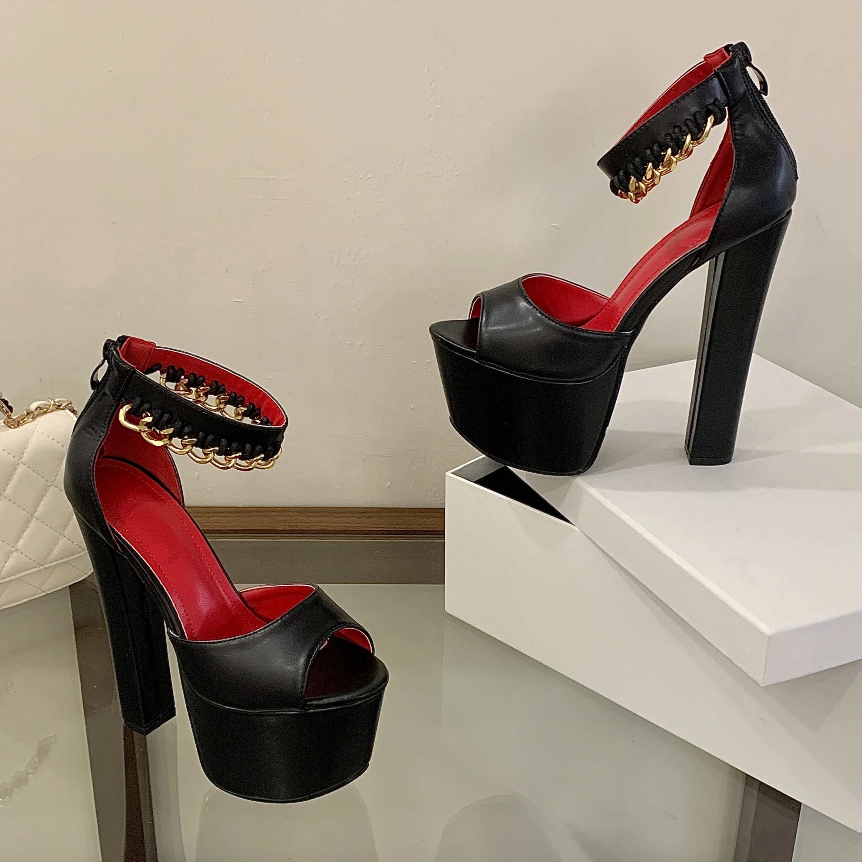 Aneikeh Fashion Punk Metal Chain Platform Sandals Ultra-high Thick High Rear Zipper Women Banquet Party Dress Shoes
Aneikeh Fashion Punk Metal Chain Platform Sandals Ultra-high Thick High Rear Zipper Women Banquet Party Dress Shoes