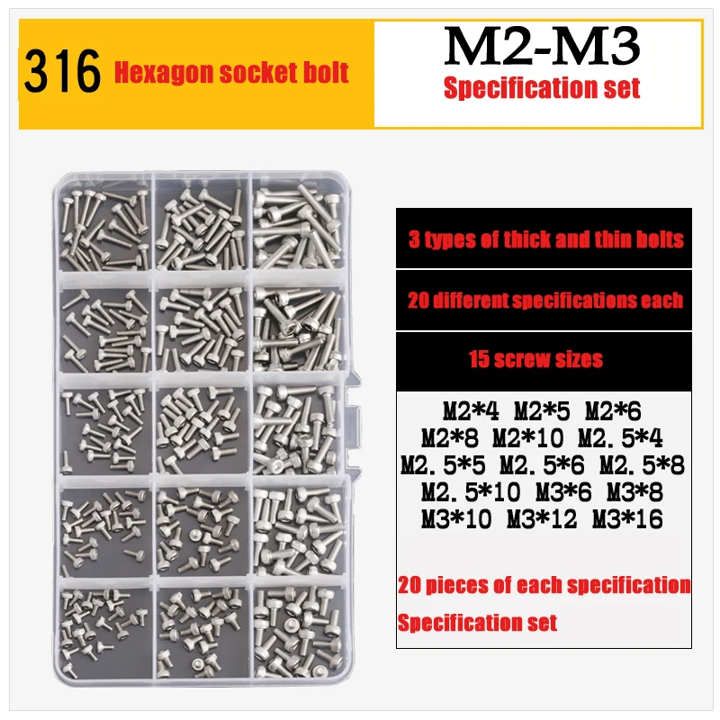 Спецификация M2 M3, комбинированный набор, Шестигранная головка из нержавеющей стали 316, болт с шестигранной головкой DIN912
Спецификация M2 M3, комбинированный набор, Шестигранная головка из нержавеющей стали 316, болт с шестигранной головкой DIN912