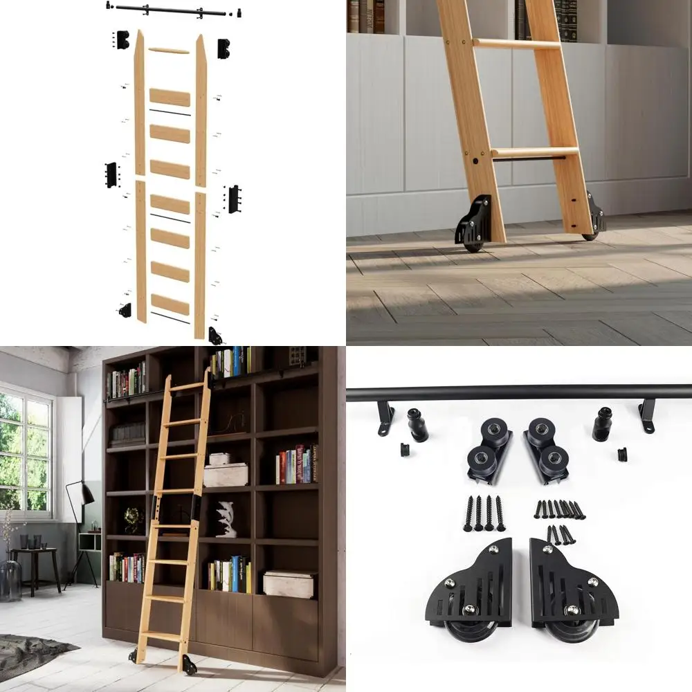 Telescopic Rolling Library Ladder Kit in Solid Red Oak Wood, Stable and Functional Design for Efficient Storage Access