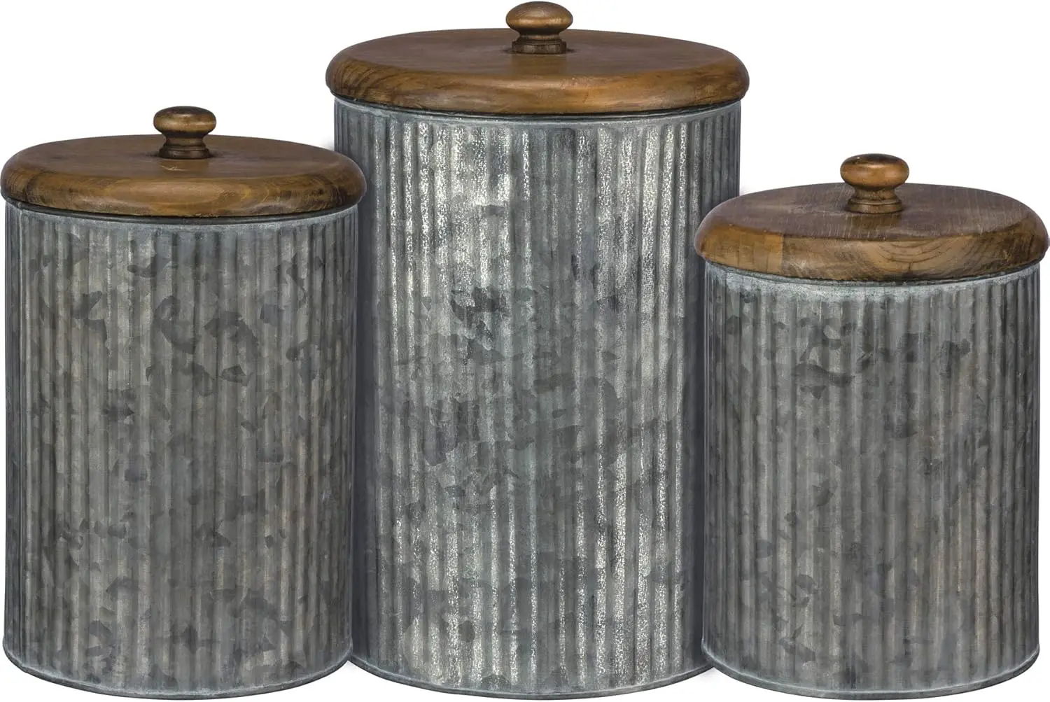 Rustic Style Canisters Set of 3, Galvanized Metal and Wood for Kitchen Storage
Rustic Style Canisters Set of 3, Galvanized Metal and Wood for Kitchen Storage