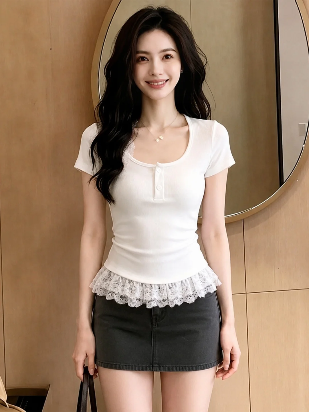 Slim Fit Sweet Style Short Sleeve T-Shirt Lace Splicing Design Head over Heel Top Korean Version round Neck Regular Length
Slim Fit Sweet Style Short Sleeve T-Shirt Lace Splicing Design Head over Heel Top Korean Version round Neck Regular Length