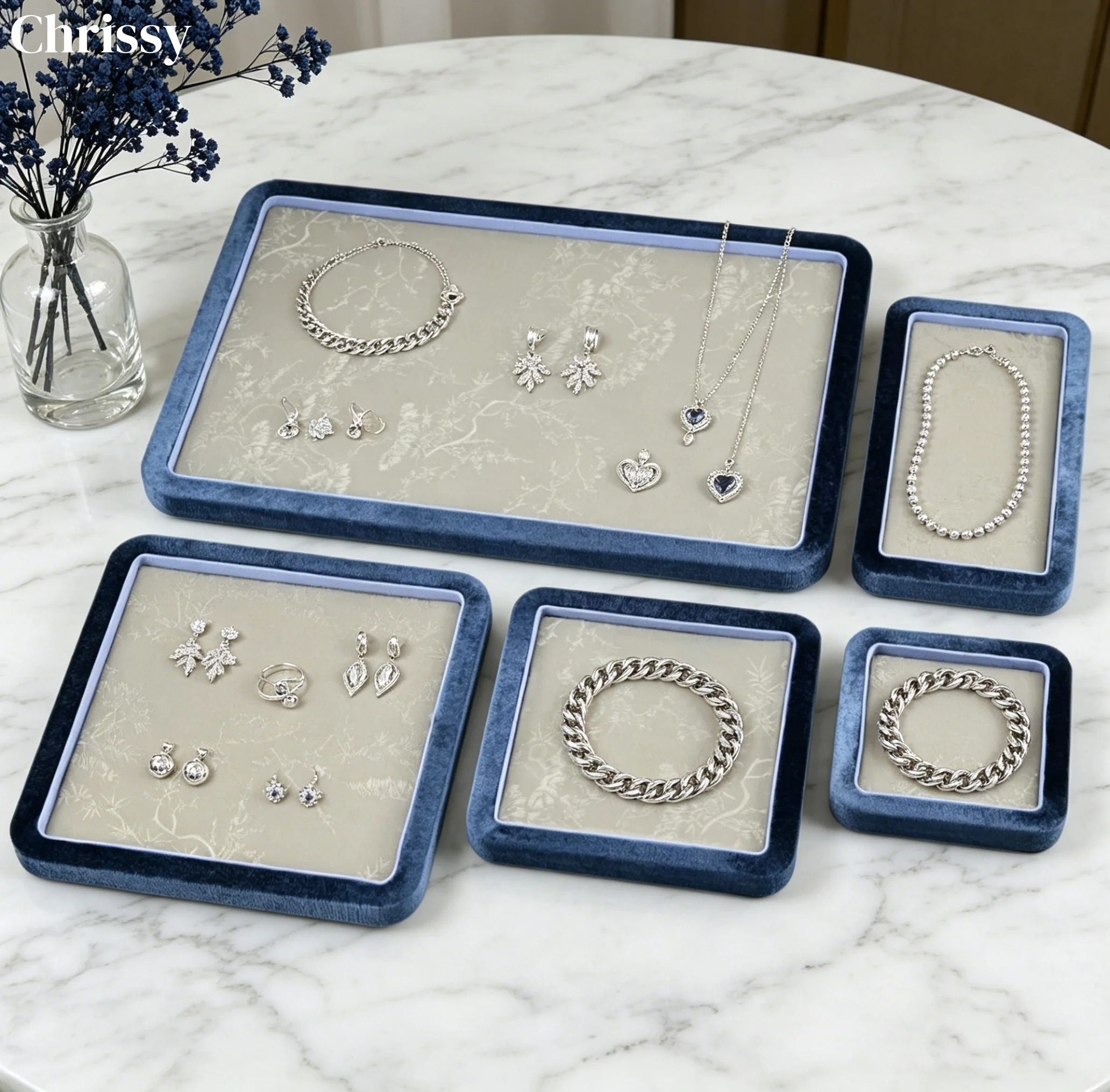 Luxury Chinese Style Embroidered Velvet Rim Tray, Hand Chain & Bangle Viewing Plate, Store Counter Organizer Prop