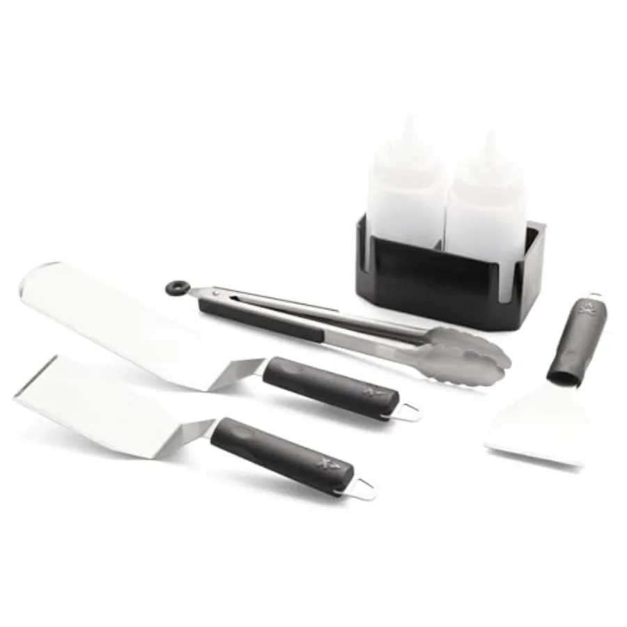 Griddle Essentials Kit for outdoor cooking: stainless steel spatulas, tongs, scraper, BPA-free blue squeeze bottles with magnet
Griddle Essentials Kit for outdoor cooking: stainless steel spatulas, tongs, scraper, BPA-free blue squeeze bottles with magnet