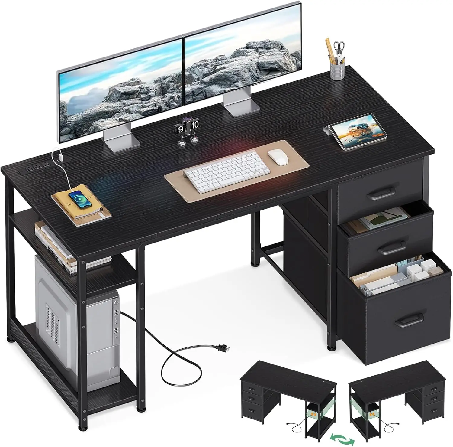 51" Computer Desk with Fabric Drawers & USB Power Outlets, Reversible Home Office Desk with Storage Shelves, Modern Writing/Study Table for Bedroom, Black
51" Computer Desk with Fabric Drawers & USB Power Outlets, Reversible Home Office Desk with Storage Shelves, Modern Writing/Study Table for Bedroom, Black