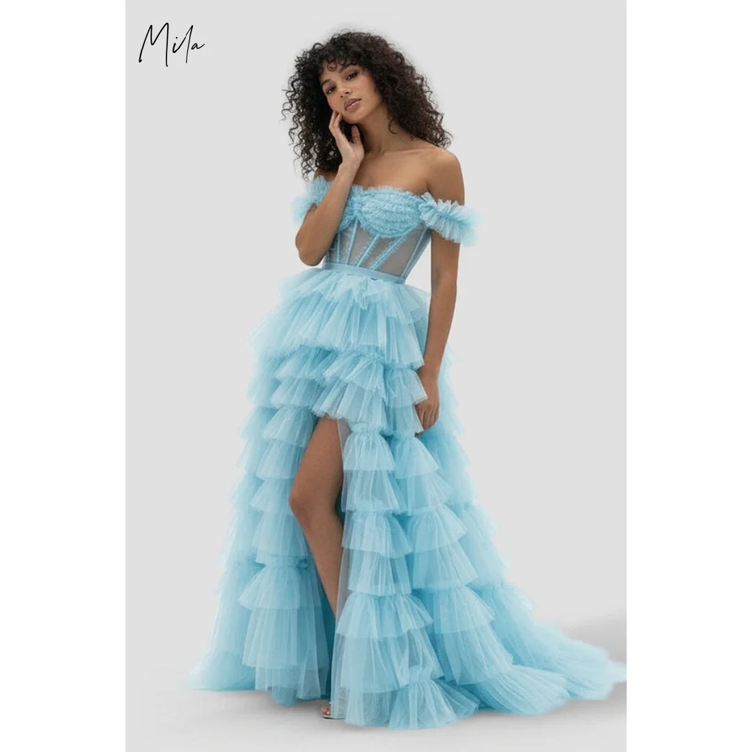 Mila Sky Blue Off Shoulder Prom Dresses with Sheer Corset Bodice, Tiered Ruffled Tulle Skirt High Slit Customized Formal Evening
Mila Sky Blue Off Shoulder Prom Dresses with Sheer Corset Bodice, Tiered Ruffled Tulle Skirt High Slit Customized Formal Evening