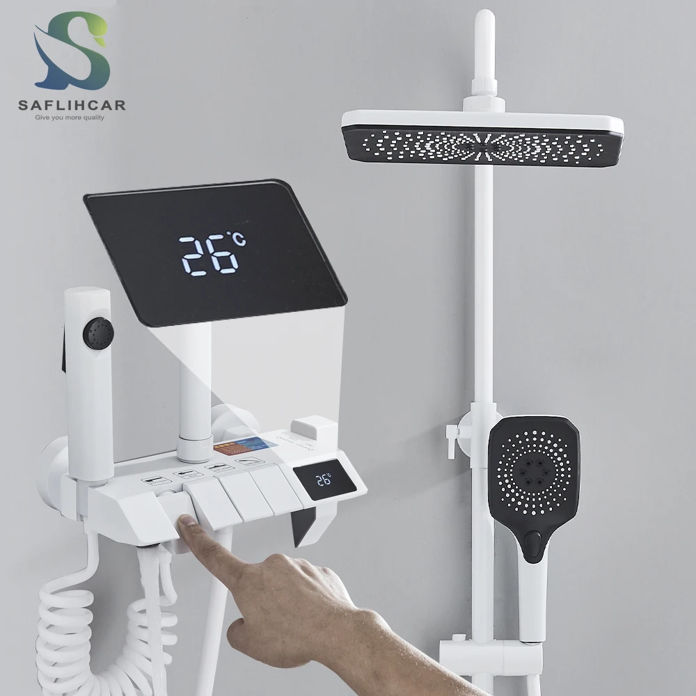 White Bathroom Shower Faucet with Digital Display 4 Function Wall Mount Hot Cold Water Tap Piano Bathroom Shower System
White Bathroom Shower Faucet with Digital Display 4 Function Wall Mount Hot Cold Water Tap Piano Bathroom Shower System