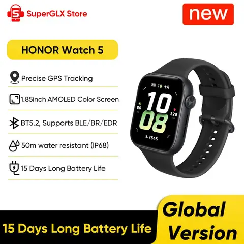 Global Version HONOR Watch 5 Smartwatch 1.85'' AMOLED Color Screen 64MB RAM+4GB ROM 480mAh Battery Support Bluetooth 5ATM&IP68
