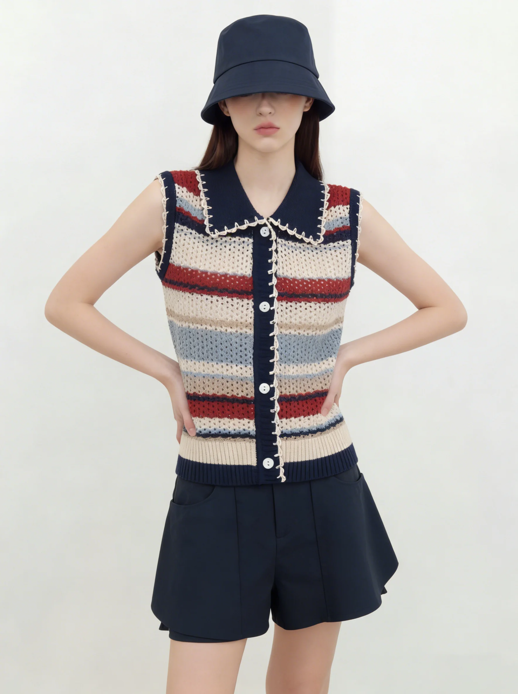 Striped Hollow out Knitted Vest Shorts Set Women's Fashion Spring Casual Wear High Waist Button up Loose Fit Two Piece
Striped Hollow out Knitted Vest Shorts Set Women's Fashion Spring Casual Wear High Waist Button up Loose Fit Two Piece