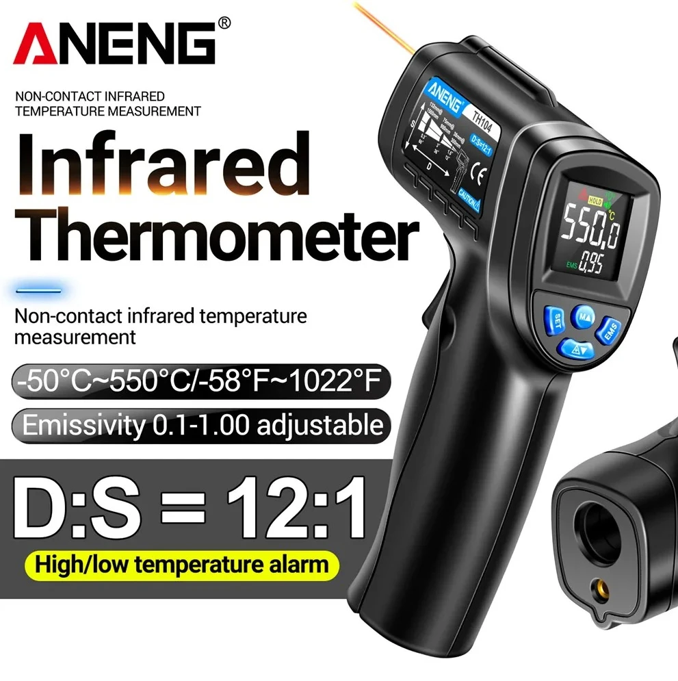 ANENG TH104 Digital Infrared Thermometer Gun Non-Contact Temperature Meter -50~550℃ Adjustable Emissivity Laser Industrial Tools
ANENG TH104 Digital Infrared Thermometer Gun Non-Contact Temperature Meter -50~550℃ Adjustable Emissivity Laser Industrial Tools