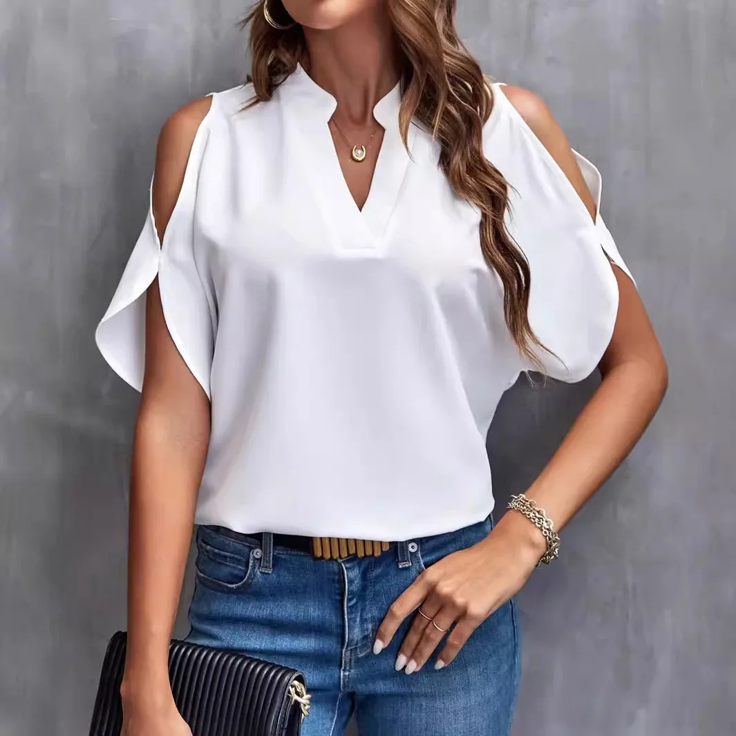 2025 Summer Women's Shirt V-neck Off-shoulder Short-sleeved Fashion Top Solid Color Basic Blouse for Female
2025 Summer Women's Shirt V-neck Off-shoulder Short-sleeved Fashion Top Solid Color Basic Blouse for Female