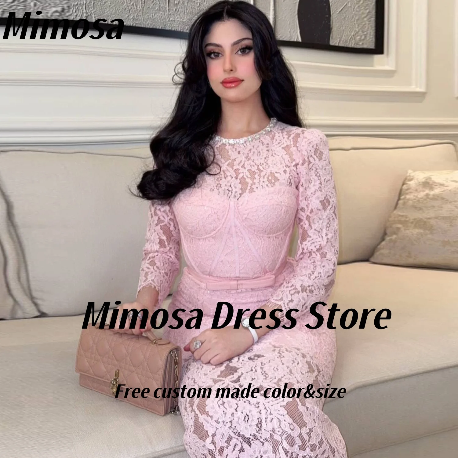 Mimosa Pink Lace Tea Length Prom Dresses Beading O-Neck Long Sleeves Evening Dress Back Slit Wedding Party Gowns Customized
Mimosa Pink Lace Tea Length Prom Dresses Beading O-Neck Long Sleeves Evening Dress Back Slit Wedding Party Gowns Customized