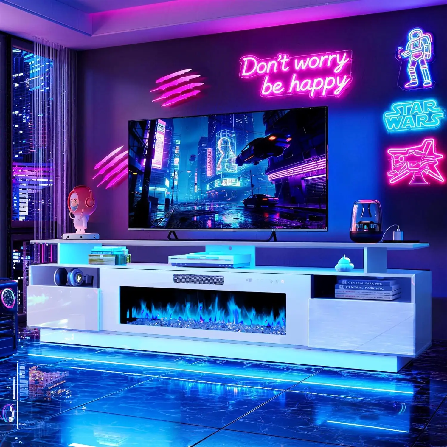 70" Fireplace TV Stand with 36" Electric Fireplace Entertainment Center with Charging Station and LED Light Console, Custom
70" Fireplace TV Stand with 36" Electric Fireplace Entertainment Center with Charging Station and LED Light Console, Custom