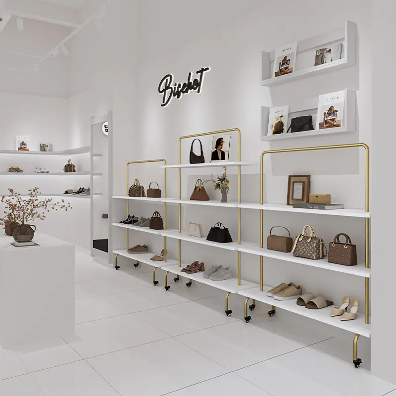 Clothing store shoe rack display wrought iron gold movable multi-layer bag display store
Clothing store shoe rack display wrought iron gold movable multi-layer bag display store