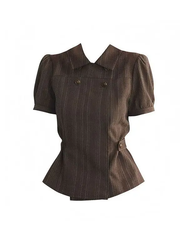 Retro Striped Double-Breasted Flip Collar Bubble Sleeve Shirt Women's Summer Waist-Cinching Unique Style Coffee Color Top Trendy
Retro Striped Double-Breasted Flip Collar Bubble Sleeve Shirt Women's Summer Waist-Cinching Unique Style Coffee Color Top Trendy
