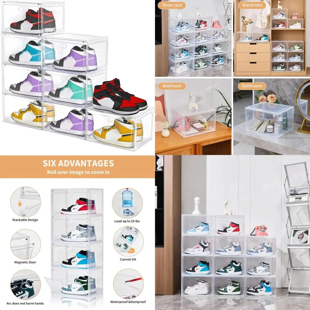 Clear Plastic Stackable Shoe Boxes, 8-Pack with Magnetic Door, US Size 13, Drop Side Organizer for Sneaker Storage
Clear Plastic Stackable Shoe Boxes, 8-Pack with Magnetic Door, US Size 13, Drop Side Organizer for Sneaker Storage
