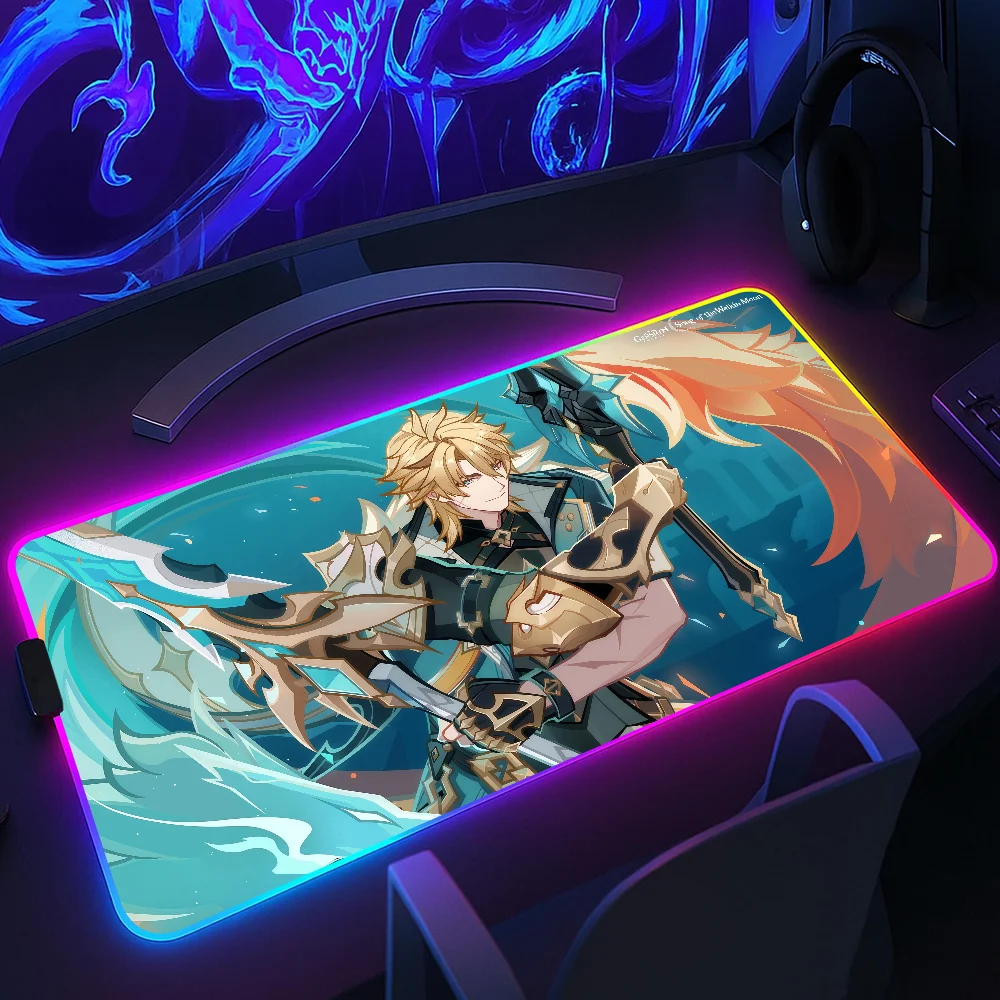 Varka Genshin Impact Game s Mouse Pad RGB LED Light Non-Slip Rubber Base Waterproof Office PC Home Desk-Mat USB Large Game
