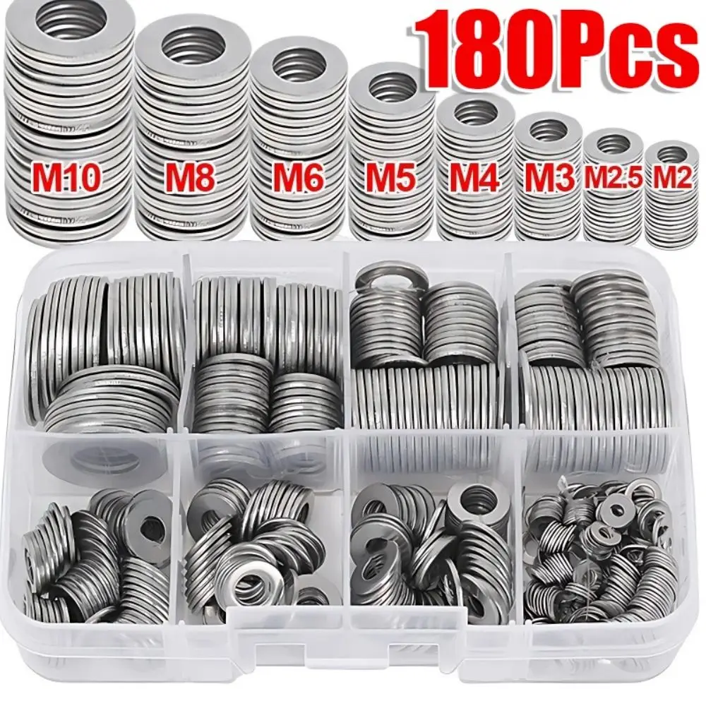 180Pcs/Box Durable M2-M10 Flat Washer Multi-Size Metal Screw Gasket Stainless Steel Fasteners Flat Washers Ring
180Pcs/Box Durable M2-M10 Flat Washer Multi-Size Metal Screw Gasket Stainless Steel Fasteners Flat Washers Ring