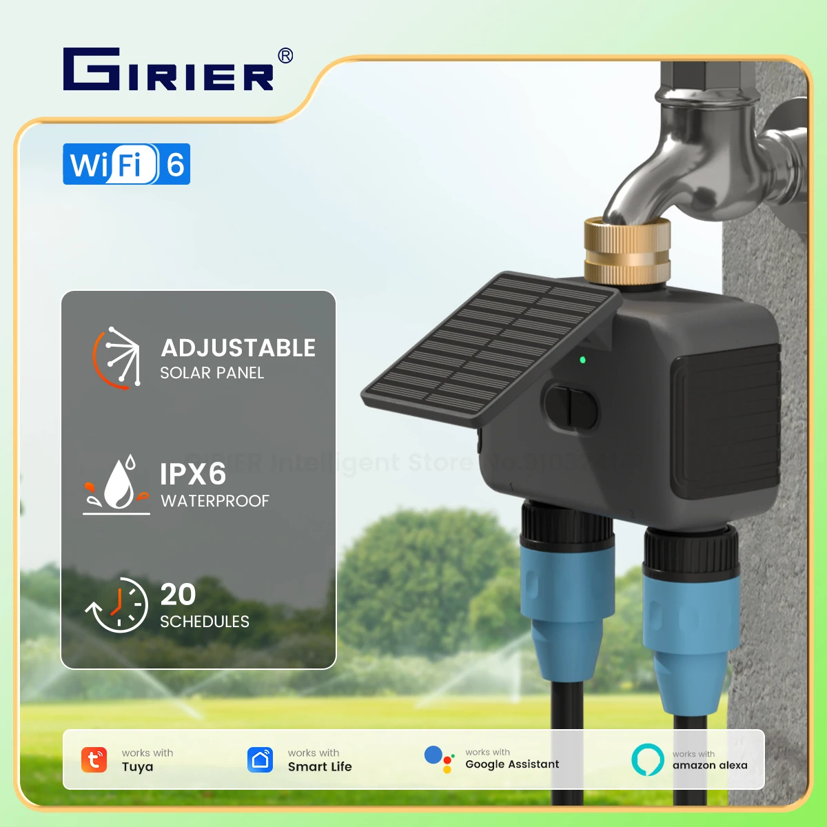 GIRIER Tuya WiFi 6 Water Timer Solar-powered 2 Outlets Programmable Sprinkler Controller with Brass Inlet for Garden Irrigation
GIRIER Tuya WiFi 6 Water Timer Solar-powered 2 Outlets Programmable Sprinkler Controller with Brass Inlet for Garden Irrigation