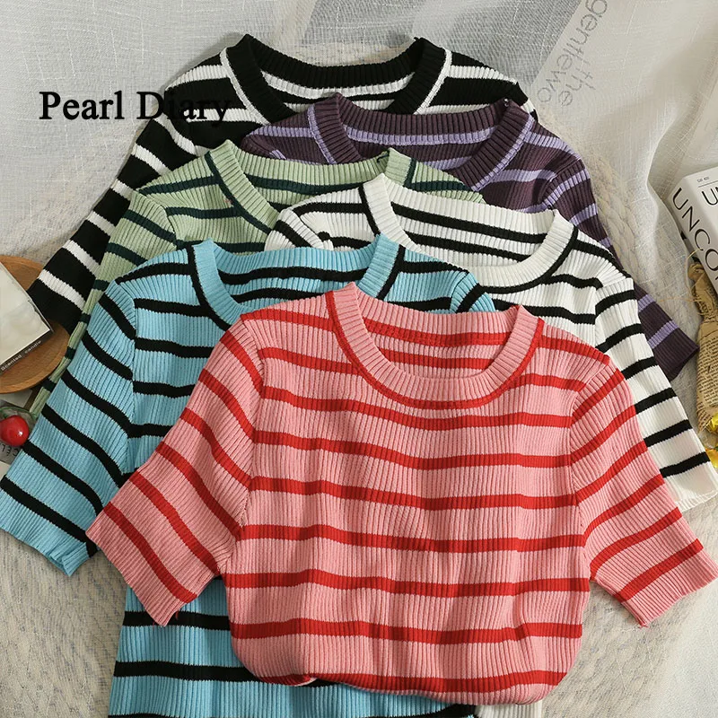 Pearl Diary Stripe Popular Thin Short Sleeves Top Women Summer New Style Round Collar T-Shirt Short Knitting All-Match Top
Pearl Diary Stripe Popular Thin Short Sleeves Top Women Summer New Style Round Collar T-Shirt Short Knitting All-Match Top