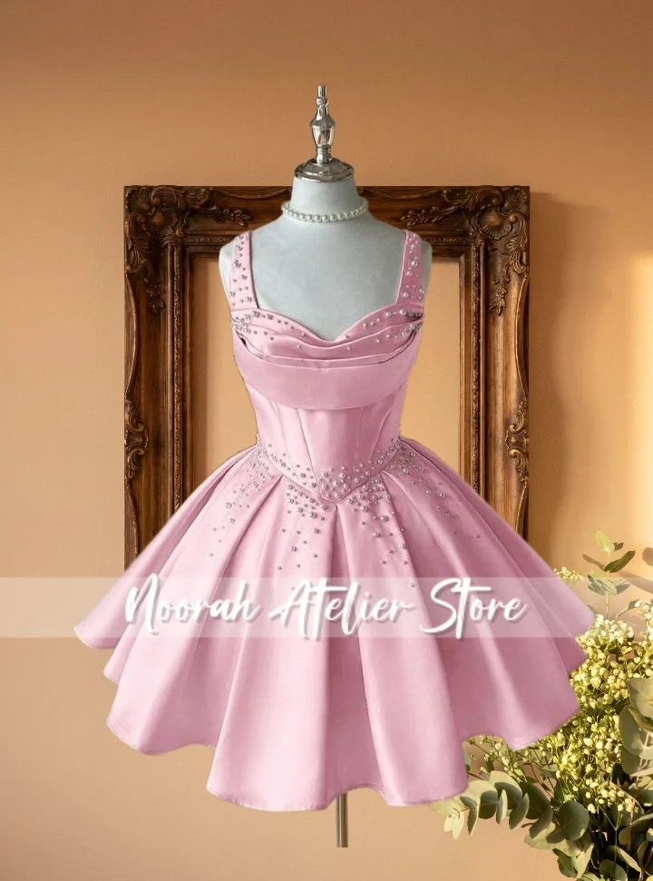 New Pink Satin Square Neck Short Prom Dress Pearl Beaded Formal Cocktail Party Gown for Girls Evening Party Customized
New Pink Satin Square Neck Short Prom Dress Pearl Beaded Formal Cocktail Party Gown for Girls Evening Party Customized