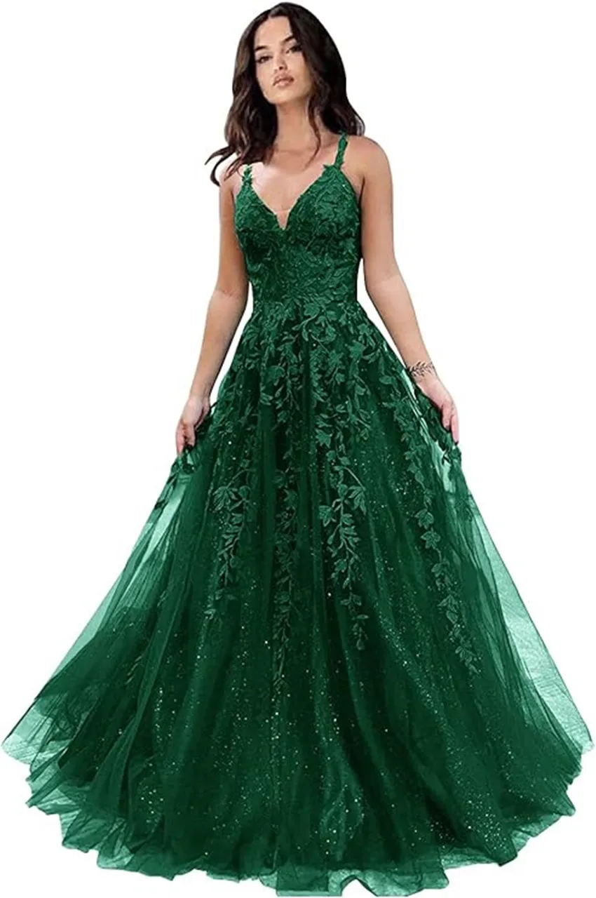 Shiny Tulle Prom Dress V-Neck Strap Lace Applique Long Wedding Party Dress A-line Formal Evening Dresses for Women Customized
Shiny Tulle Prom Dress V-Neck Strap Lace Applique Long Wedding Party Dress A-line Formal Evening Dresses for Women Customized