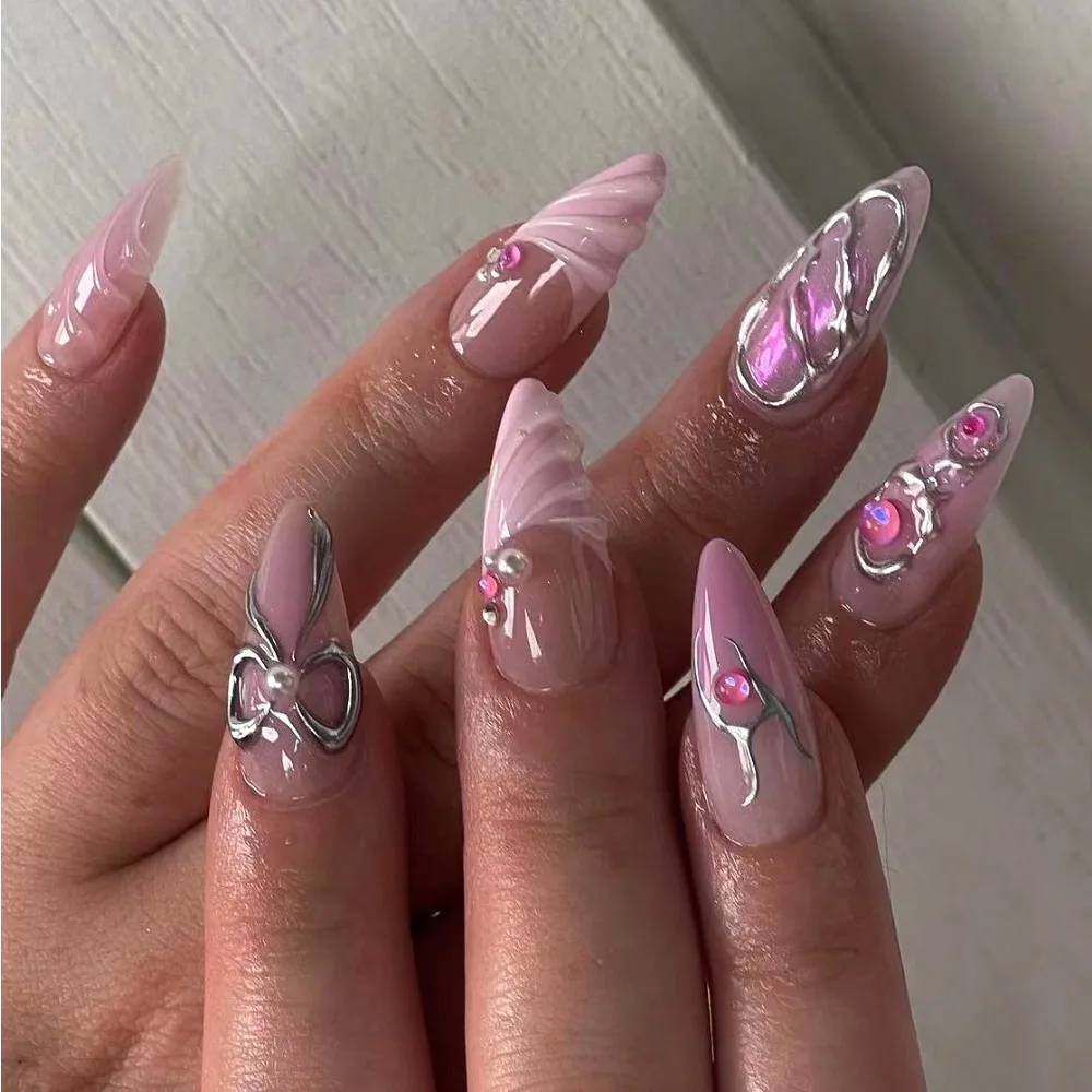 24Pcs Pink Y2k 3D Water Wave Press on Nails Stylish Full Cover Nail Tips with Pearl&Bow for Women&Girls Daily&Party Nail Fashion
24Pcs Pink Y2k 3D Water Wave Press on Nails Stylish Full Cover Nail Tips with Pearl&Bow for Women&Girls Daily&Party Nail Fashion