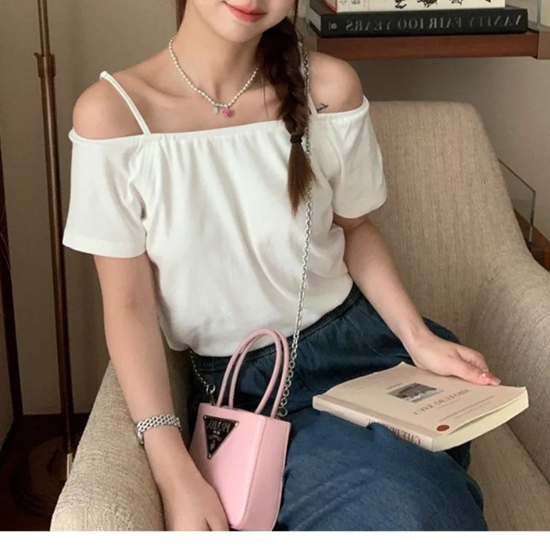Summer Women's Pullover Off Shoulder Strap Solid Short Sleeve Tee T-shirt Fashion Casual Sexy Office Lady Vintage Vacation Tops
Summer Women's Pullover Off Shoulder Strap Solid Short Sleeve Tee T-shirt Fashion Casual Sexy Office Lady Vintage Vacation Tops