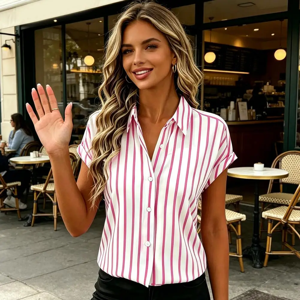 Soft Fabric Blouse Women Shirt Drop Shoulder Short Sleeves Button Placket Striped Print Summer Shirt Loose Fit Soft Stretchy Top
Soft Fabric Blouse Women Shirt Drop Shoulder Short Sleeves Button Placket Striped Print Summer Shirt Loose Fit Soft Stretchy Top