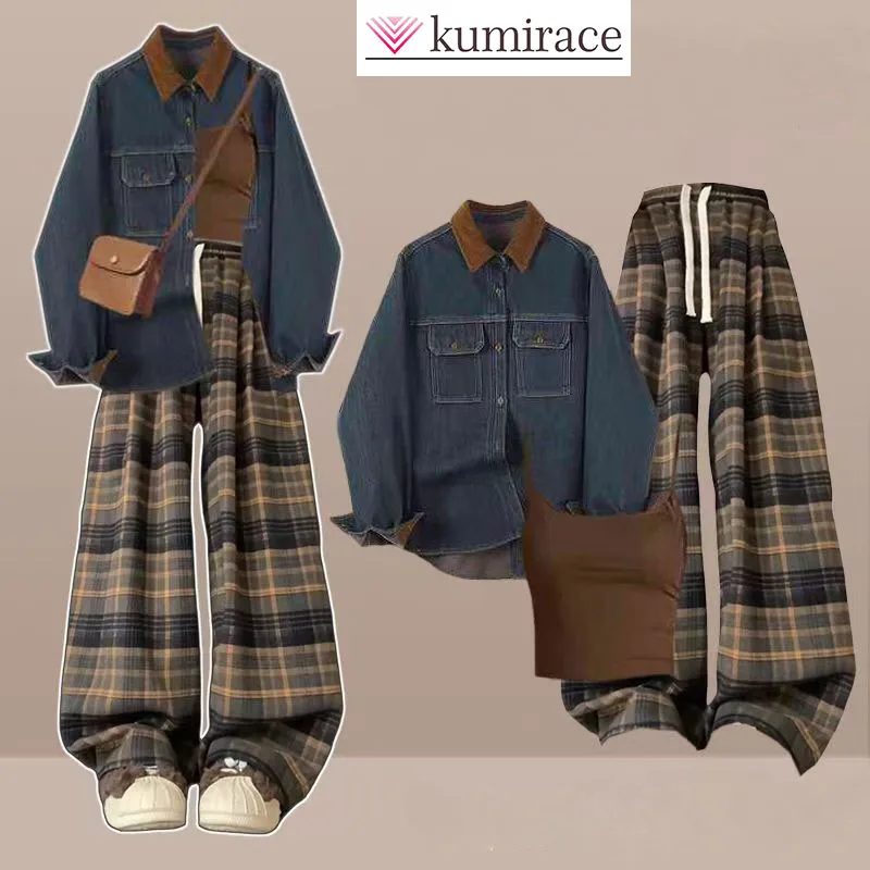 2025 Autumn and Winter Women's New Denim Jacket with Camisole Vest and Retro Style Checkered Wide Leg Pants Three Piece Set
2025 Autumn and Winter Women's New Denim Jacket with Camisole Vest and Retro Style Checkered Wide Leg Pants Three Piece Set