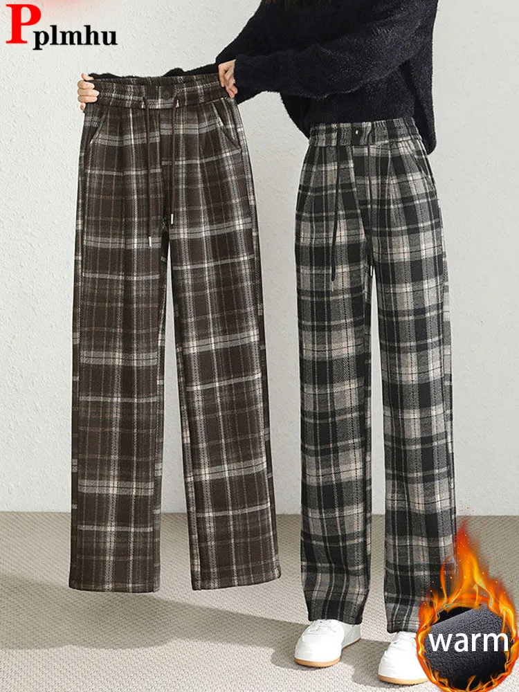 Plaid Design Thicken Loose Straight Pants Women High Waist Lace Up Velvet Lined Wide Leg Pantalones Casual Snow Wear Sweatpants
Plaid Design Thicken Loose Straight Pants Women High Waist Lace Up Velvet Lined Wide Leg Pantalones Casual Snow Wear Sweatpants