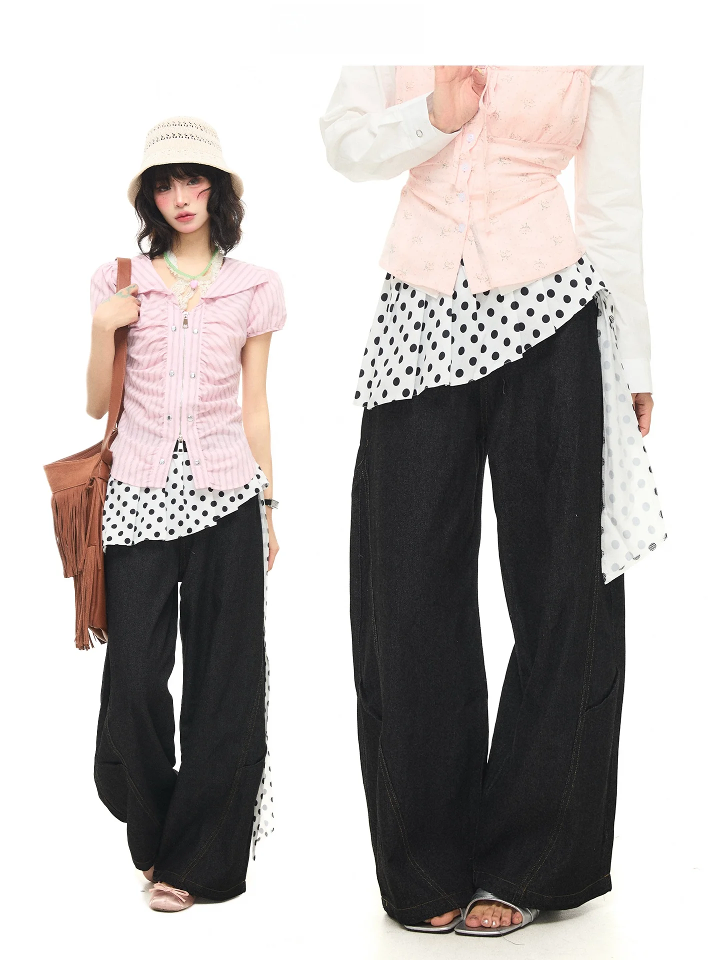 Astrsk Korean Style Spliced Color Block Polka Dot Belted Overlap Knife Wide Leg Jeans Women Loose Fit Spring Denim Pants
Astrsk Korean Style Spliced Color Block Polka Dot Belted Overlap Knife Wide Leg Jeans Women Loose Fit Spring Denim Pants