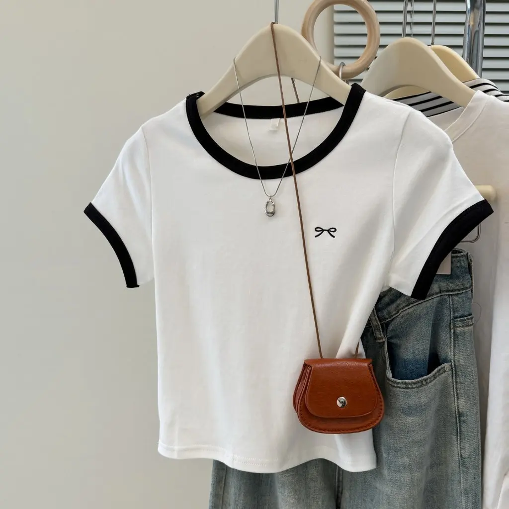 Women's Slim Fit Short Sleeve T-Shirt Cotton Contrast Color European American Style Korean Bottoming Shirt Top for Summer 
Women's Slim Fit Short Sleeve T-Shirt Cotton Contrast Color European American Style Korean Bottoming Shirt Top for Summer