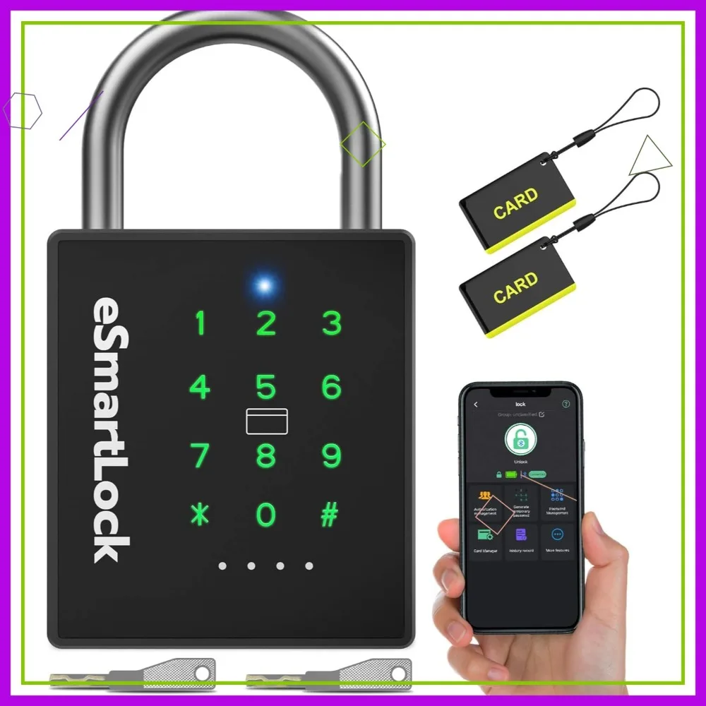 Heavy Duty Smart Padlock with Key, Weatherproof Bluetooth RFID Keyless Digital Combination Lock for Gate Fence Shed
Heavy Duty Smart Padlock with Key, Weatherproof Bluetooth RFID Keyless Digital Combination Lock for Gate Fence Shed
